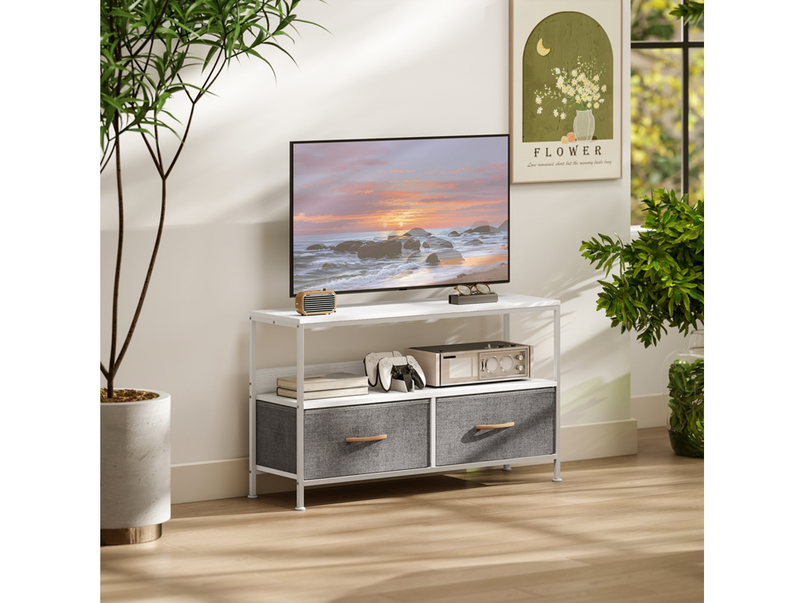 Suporte para TV com prateleira e 2 gavetas dobráveis em tecido para TVs de até 47 polegadas e 98 cm de comprimento, nas cores branco e cinza.