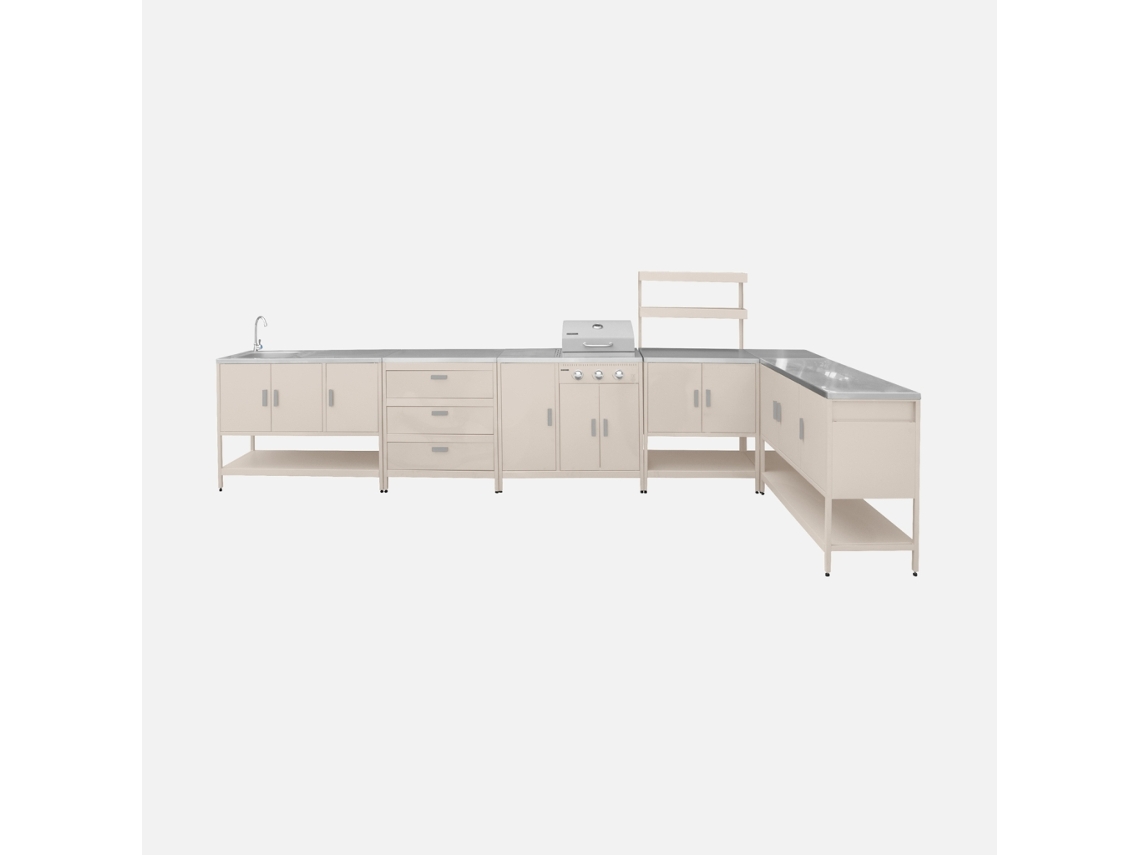 Cozinha Exterior Em Aço Inoxidável Com Churrasqueira A Gás, 6 Módulos, Beige