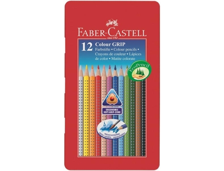 Lápis de Cores Faber-Castell Aguarelavel Colour Grip Triangular Caixa Metalica de 12 Cores Sortidas