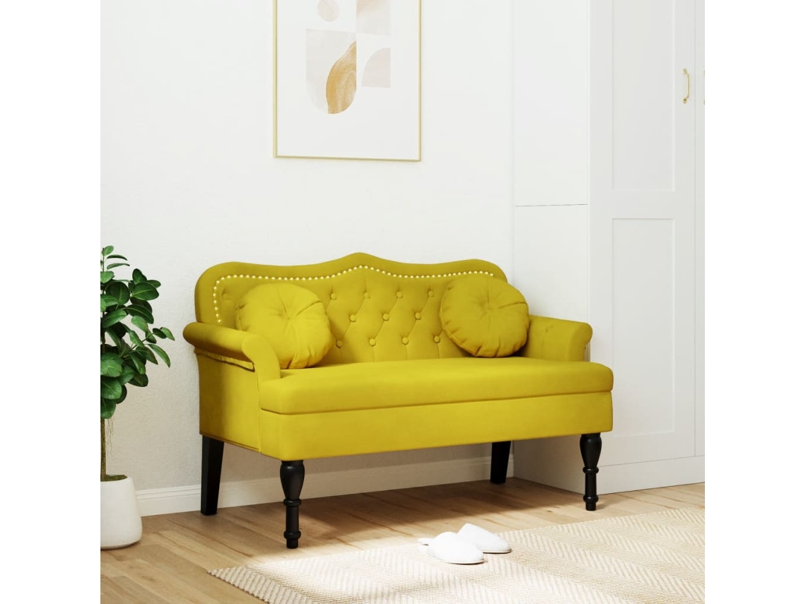 Banco Com Almofadões 120,5x65x75 Cm Veludo Amarelo Lovely Home