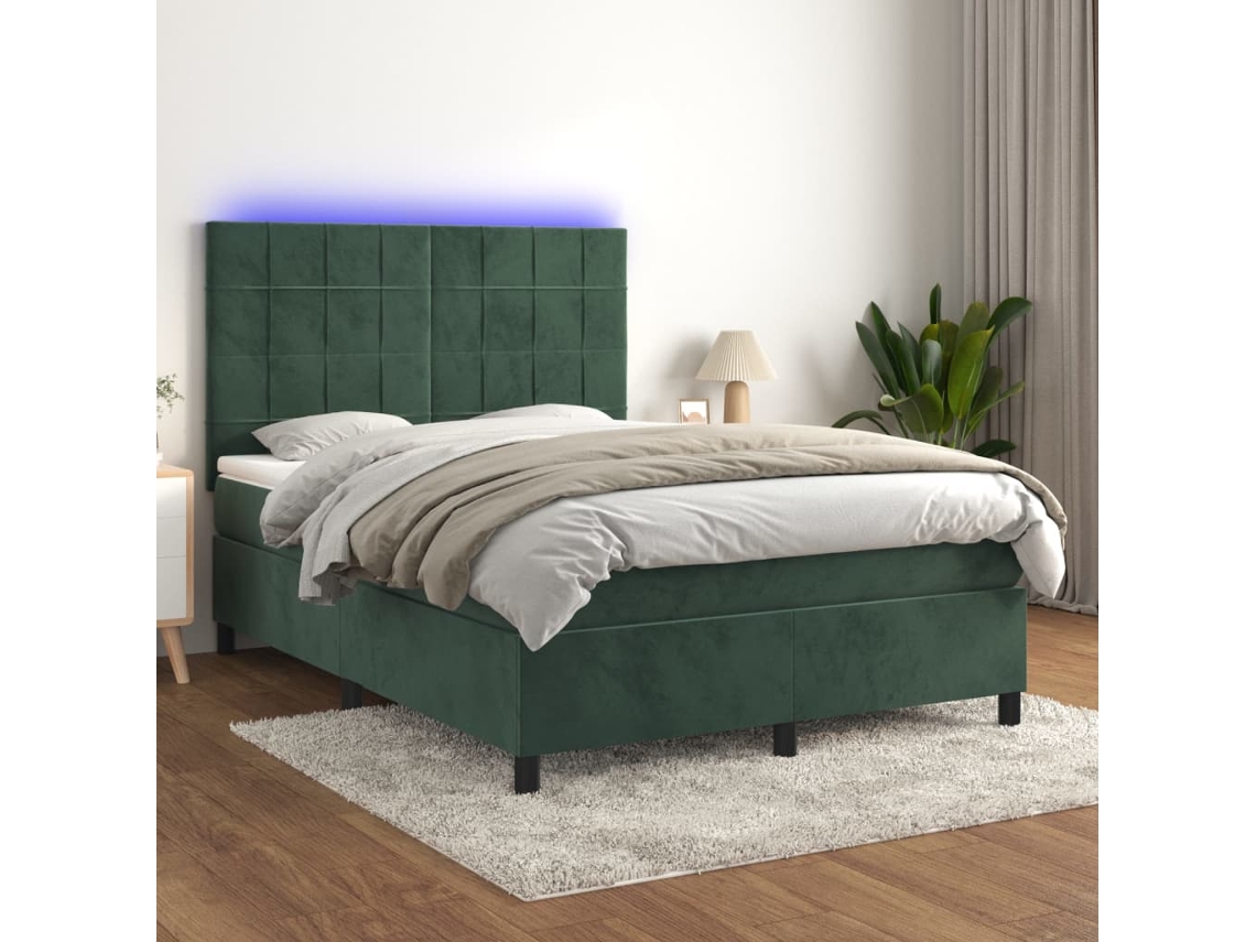 Cama Box Spring C/ Colchão/led 140x190 Cm Veludo Verde-escuro