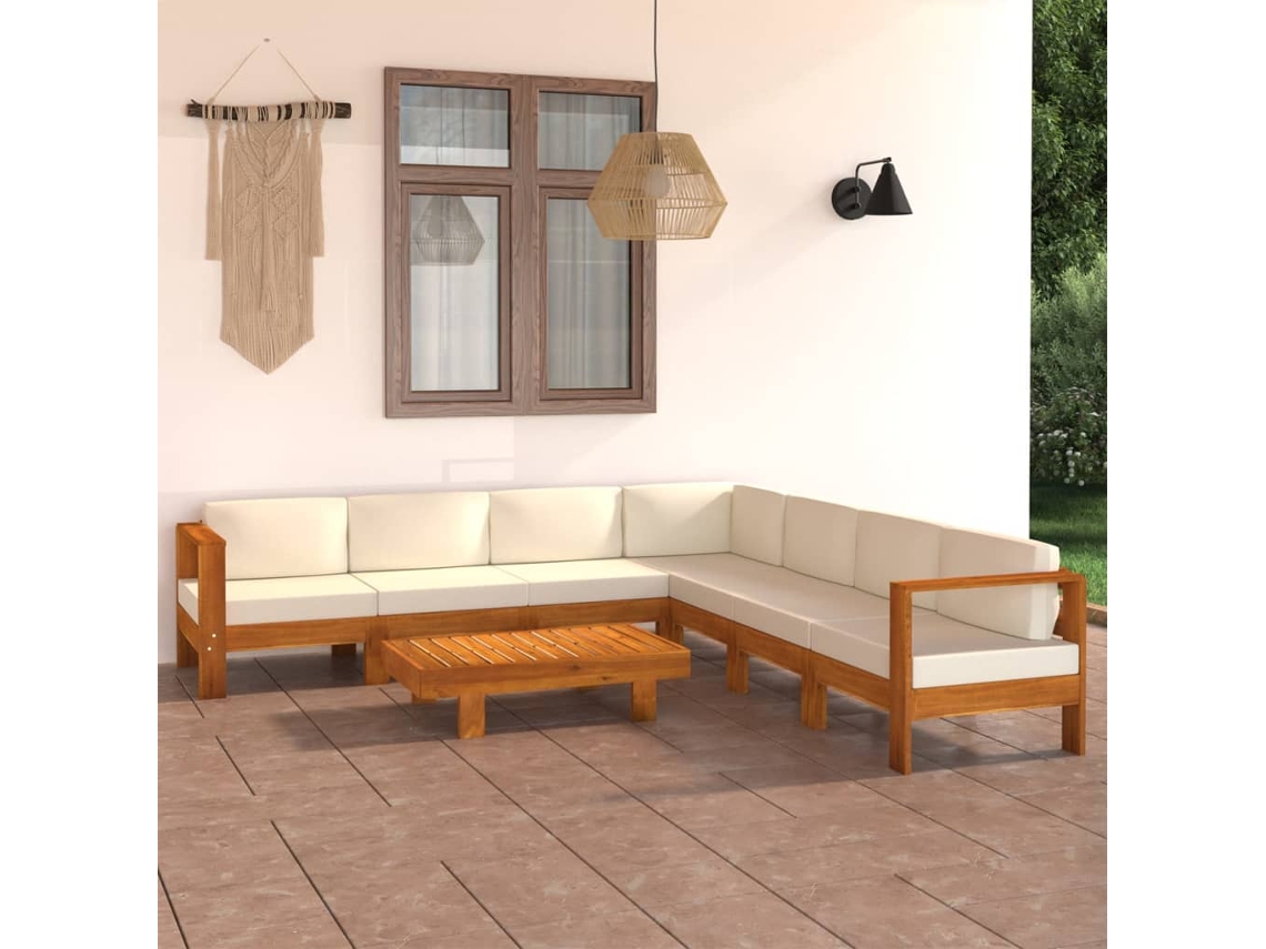 Conjunto 8 Peças Lounge De Jardim C/ Almofadões Branco Nata Acacia Dkd Home Decor