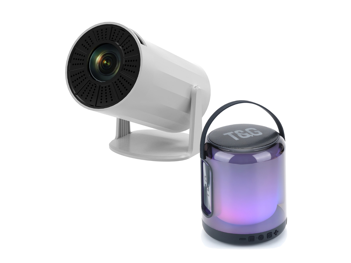 Projetor Portátil Mini 4K KLACK e Coluna Tg-376 com Android Integrado Wifi 6 Bluetooth 5 Ecrã de 130 Polegadas Cinema em Casa Autêntico!