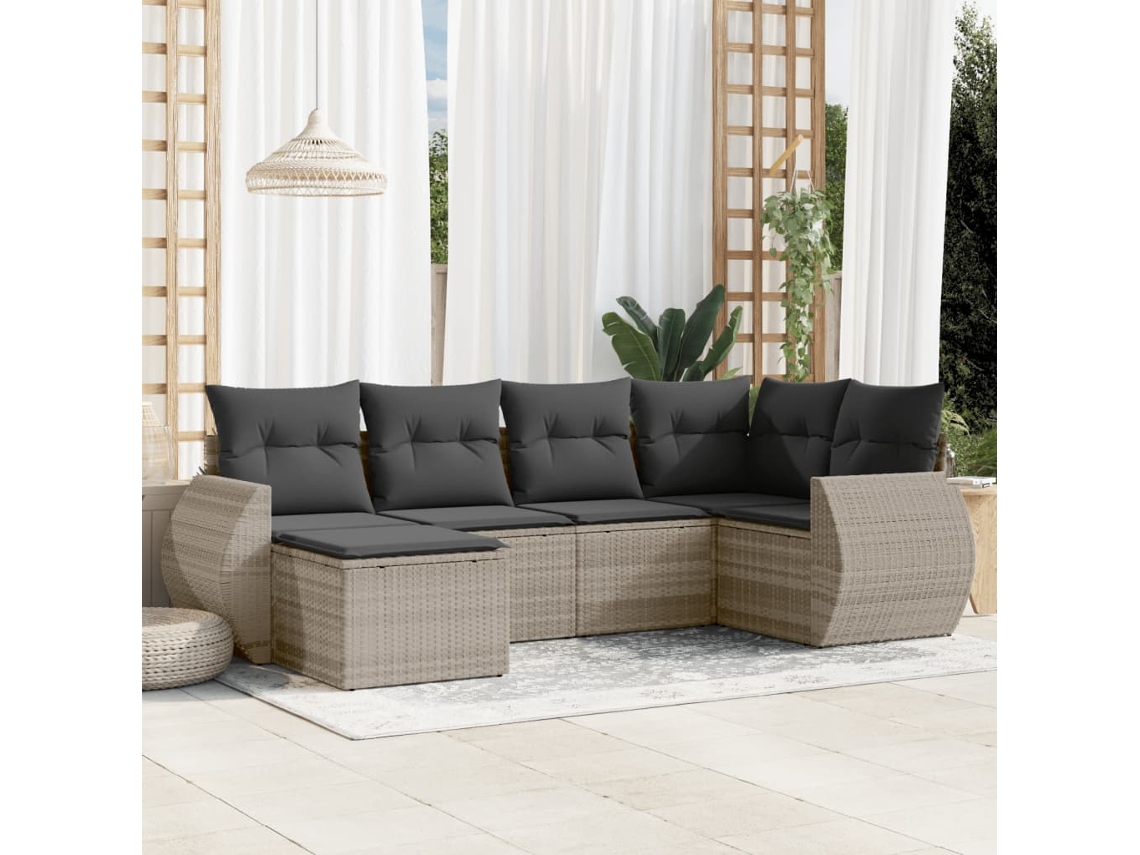 Vidaxl 6 Pcs Conj. Sofás Jardim Com Almofadões Vime Pe Cinzento-claro