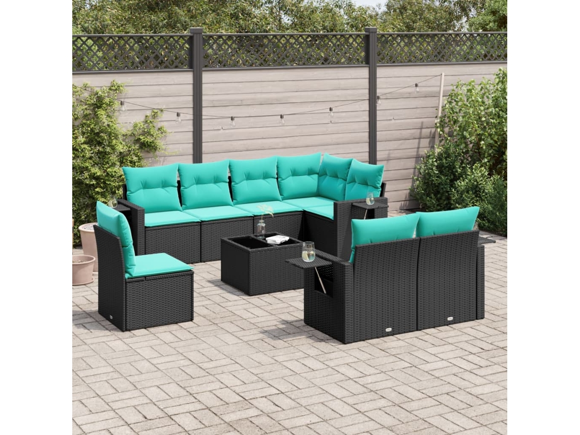 Vidaxl Conjunto De Sofá De Jardim De 9 Peças Com Almofadas Em Rattan Sintético Preto