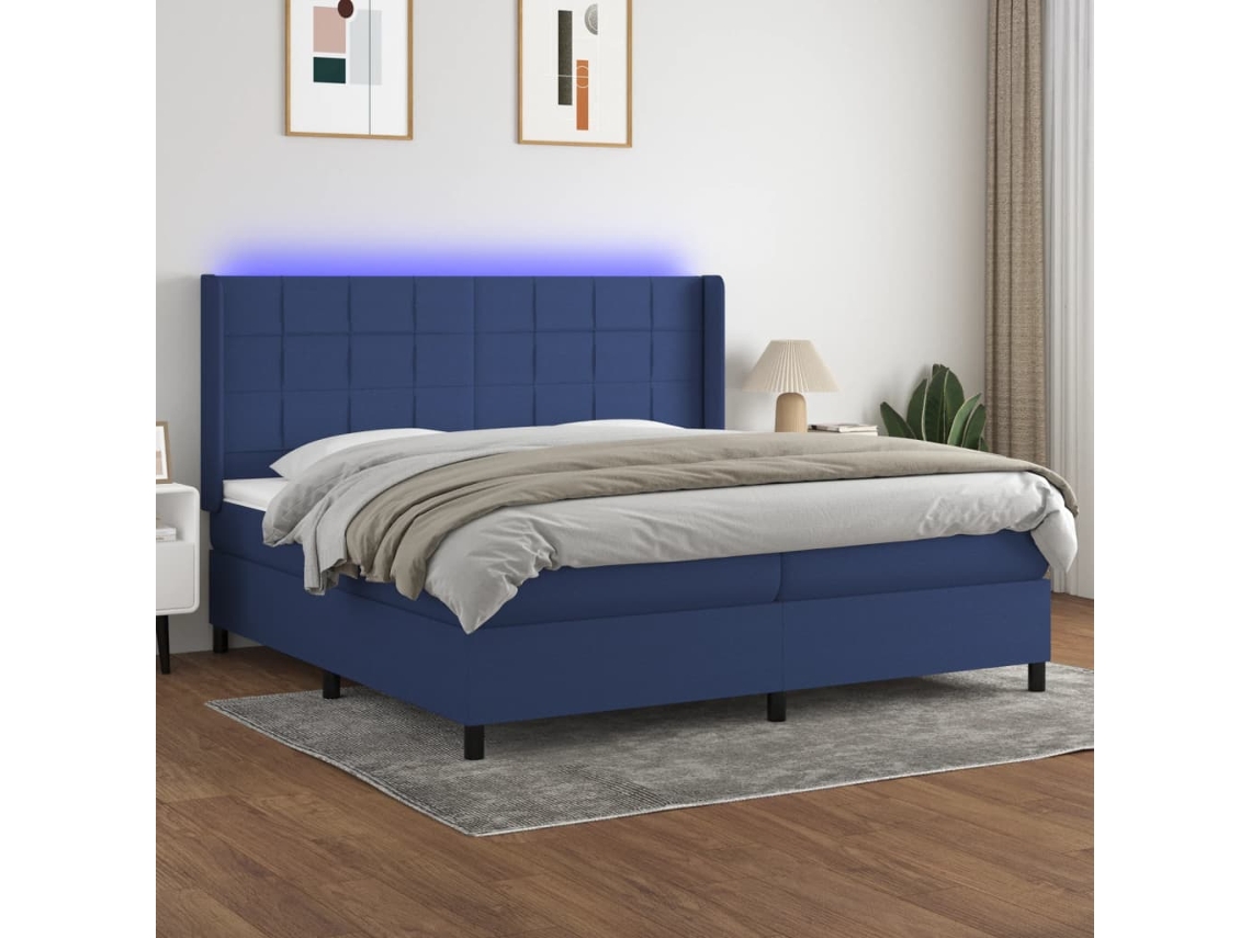 Cama Box Spring C/ Colchão E Led 200x200 Cm Tecido Azul