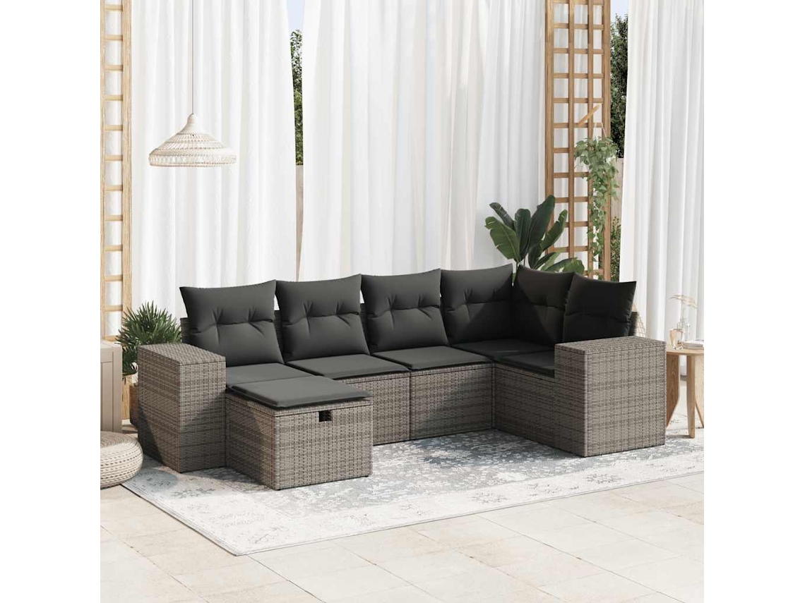 Vidaxl 6 Pcs Conjunto Sofás De Jardim Com Almofadões Vime Cinzento