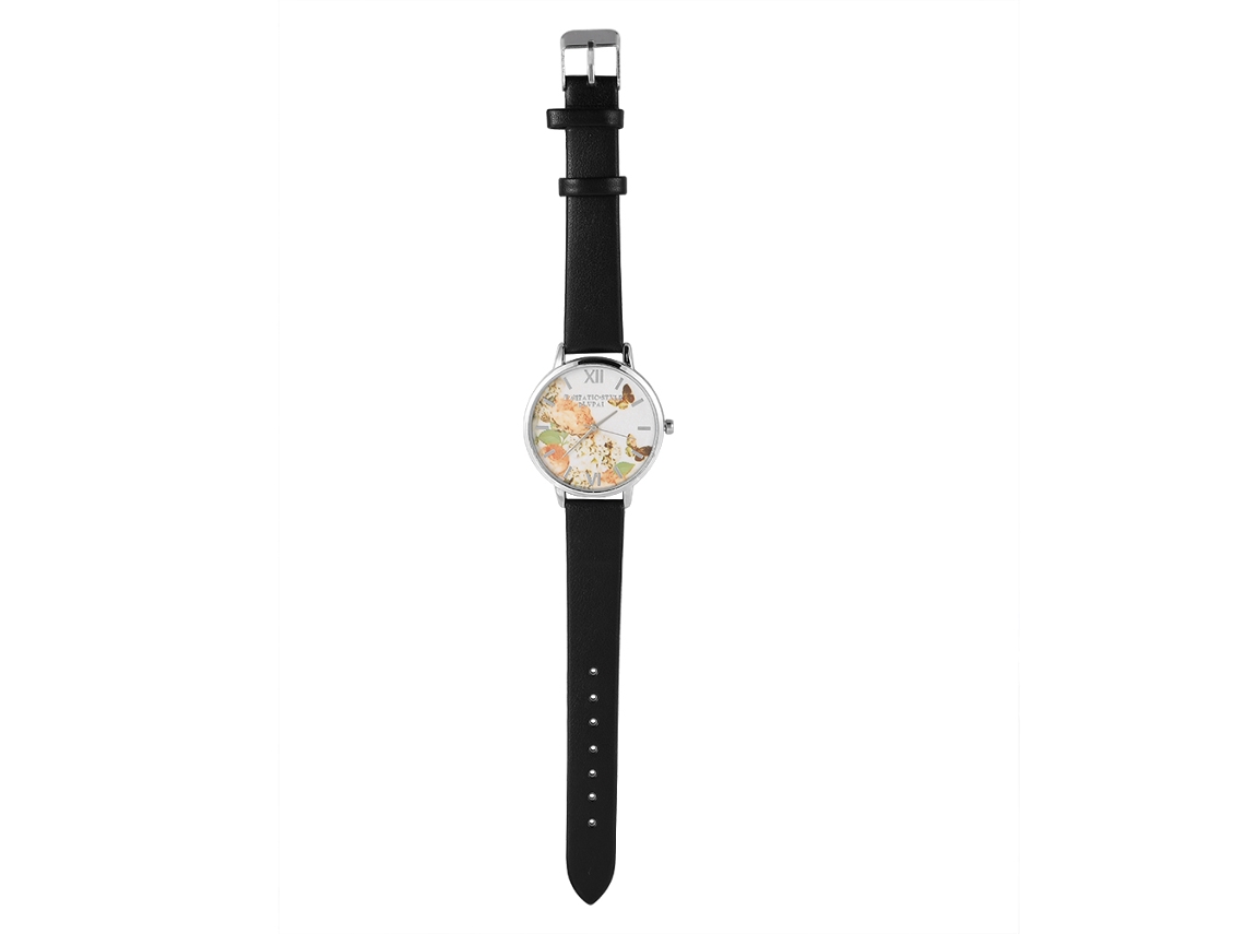 Relógio de Pulso Analógico Lady Quartz com Pulseira Pu Estampado Borboleta (preto)