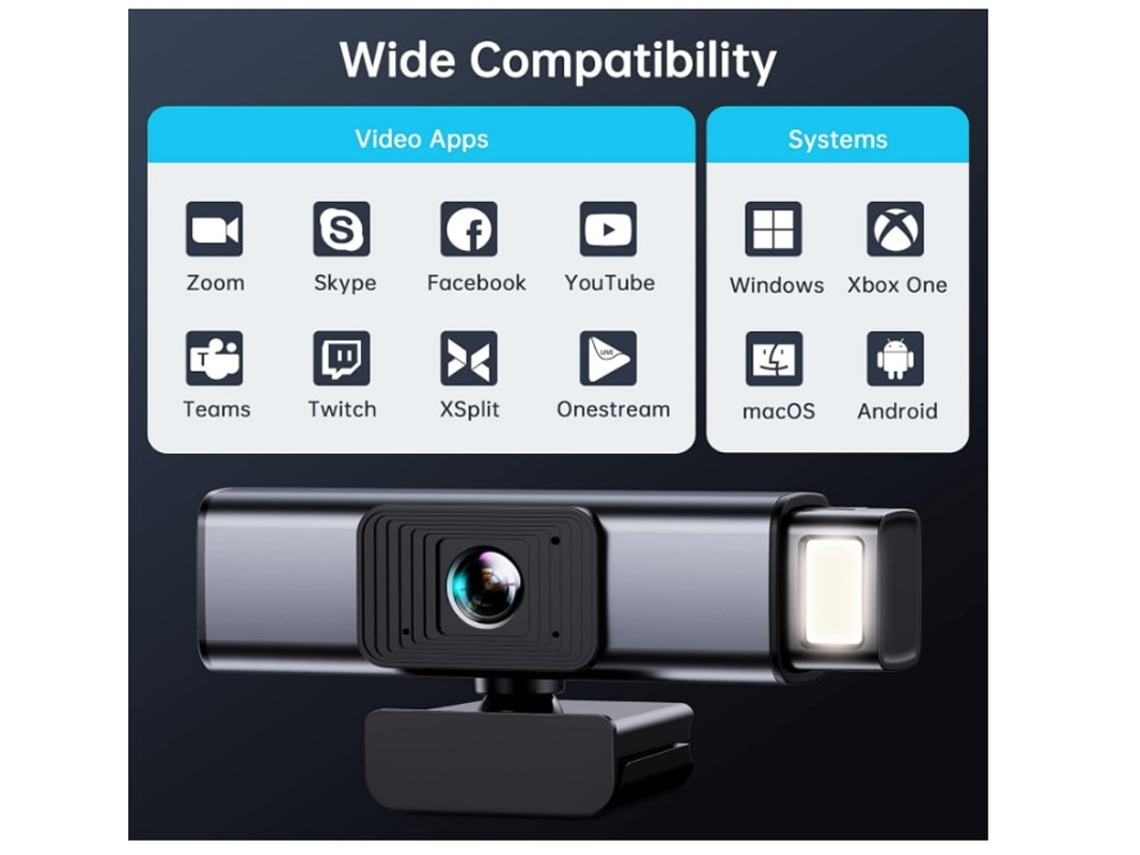 Webcam Bestvite KU04 2K com microfone e capa de privacidade, conexão USB plug and play para computadores desktop, laptop e Mac, preta