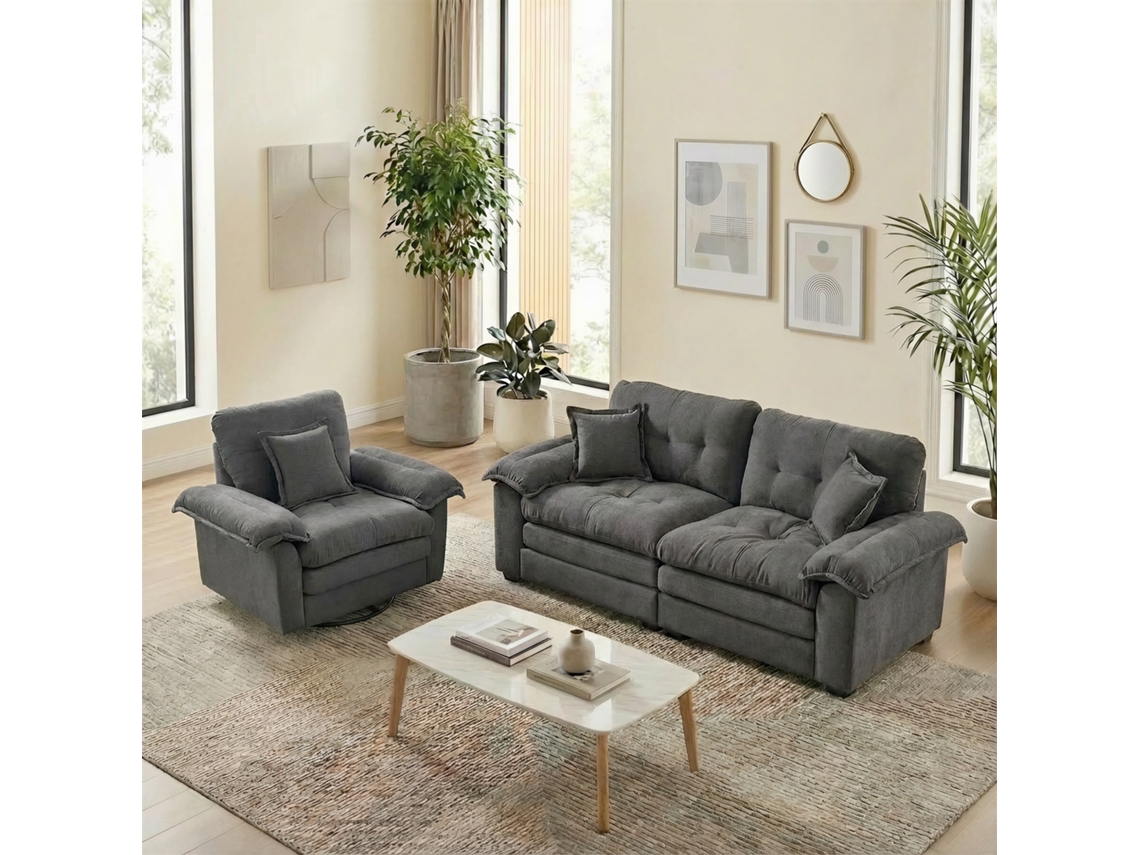 Sofá Chenille 2 Peças Poltrona + Loveseat Com Almofadas Duplas E Travesseiros Decorativos, Ideal Para Sala, Apartamento, Escritório Ou Lounge.