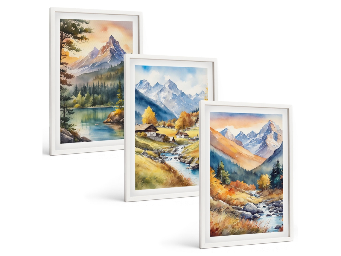Conjunto De Pinturas Paisagem De Montanha Com Rio Moldura Branca Imagens Para Um Quarto Infantil Espelharte (3 Piezas De 40x60 Cm)
