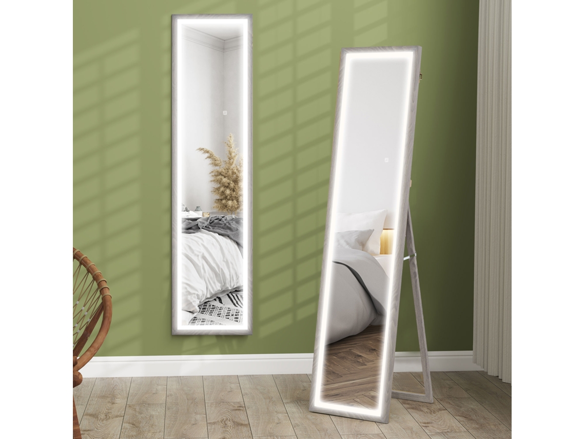 Espelho Retangular Grande De Corpo Inteiro, Para Parede Ou Mesa, 40 X 160 Cm, Com Iluminação Led De 3 Cores, Cinza.