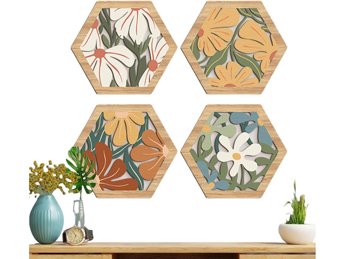 Decoração De Parede De Madeira, Arte De Parede Boêmia De Madeira Para Uso Interno | Conjunto De 4 Pe Gokoco