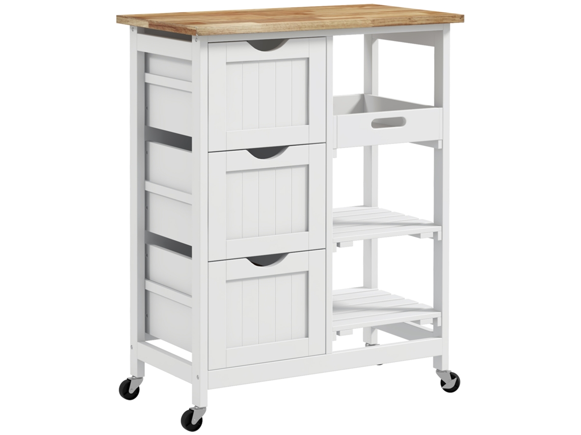 Carrinho Auxiliar com Rodas para Cozinha,3 Gavetas,2 Prateleiras Abertas e Bandeja Extraível,67x37x85.5cm,branco BTFORUS