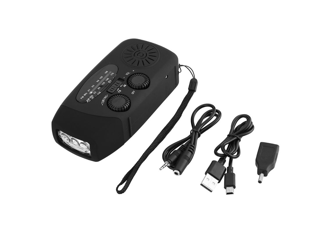 RÁDIO AM/FM multifuncional AQUAFORGE com energia solar, manivela, carregador de emergência para celular, bateria externa e lanterna (LxAxP cm)