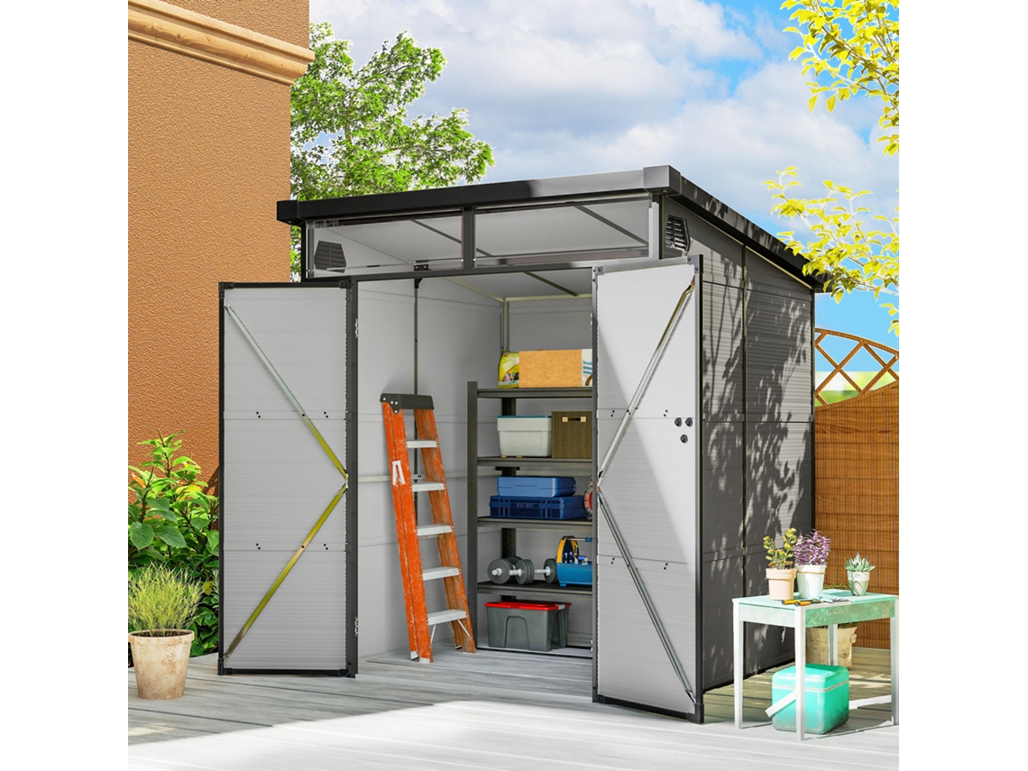 Abrigo de Jardim 3.24 M² 190x191x215 Cm Exterior C/porta Correr e Trinco Janela e Ventilação para Armazenamento Ferramentas Cinza Claro