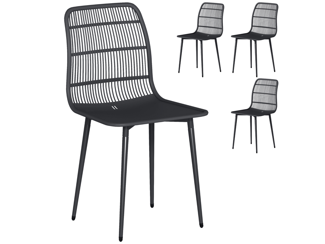 Conjunto de Cadeiras de Jantar Ao Ar Livre para 4 Pessoas. Cadeiras de Jardim com Encosto Ranhurado. Preto Ge
