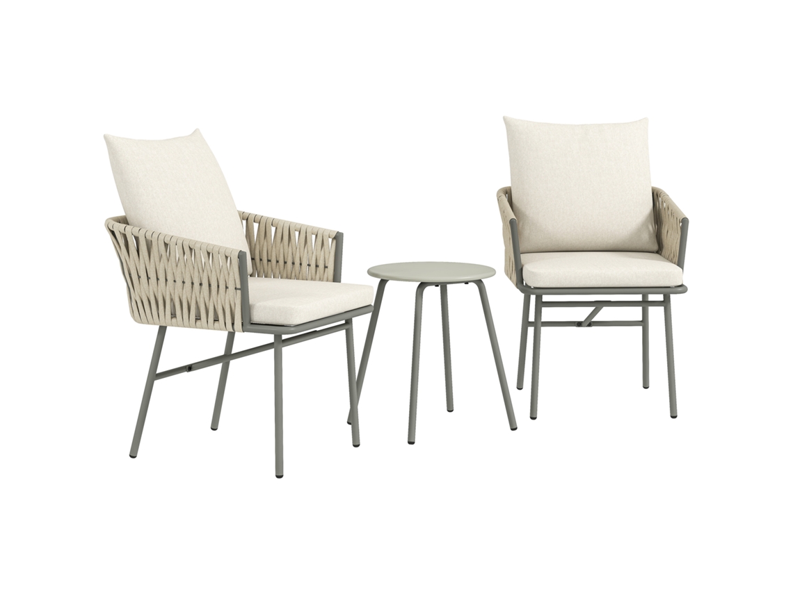 Conjunto de Móveis Jardim Vime Sintético com 2 cadeiras com almofadas removíveis e mesa de tampo de metal cinza S/MARCA