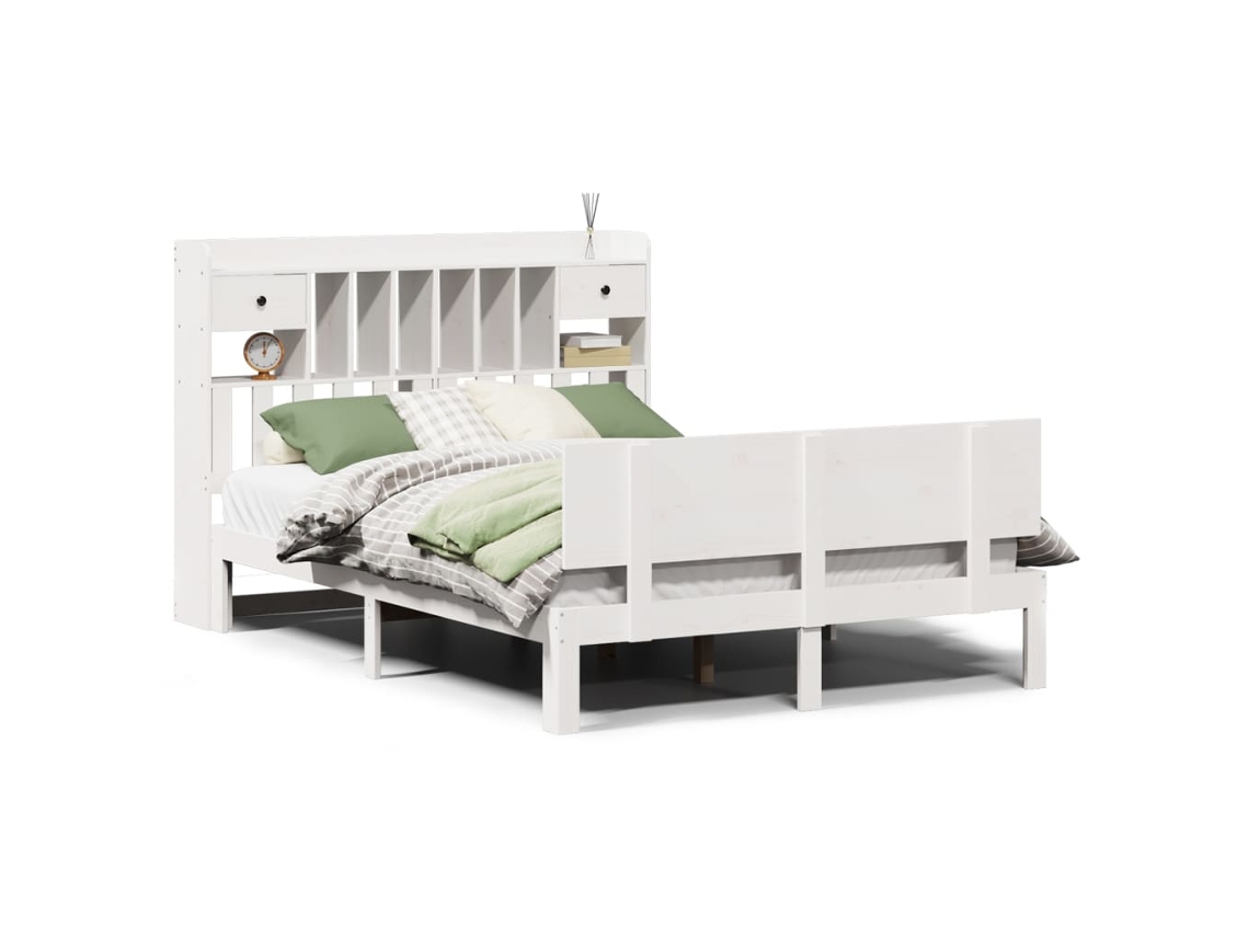 Cama com Estante Pinho Maciço Branco MAISON EXCLUSIVE (140x200 cm)