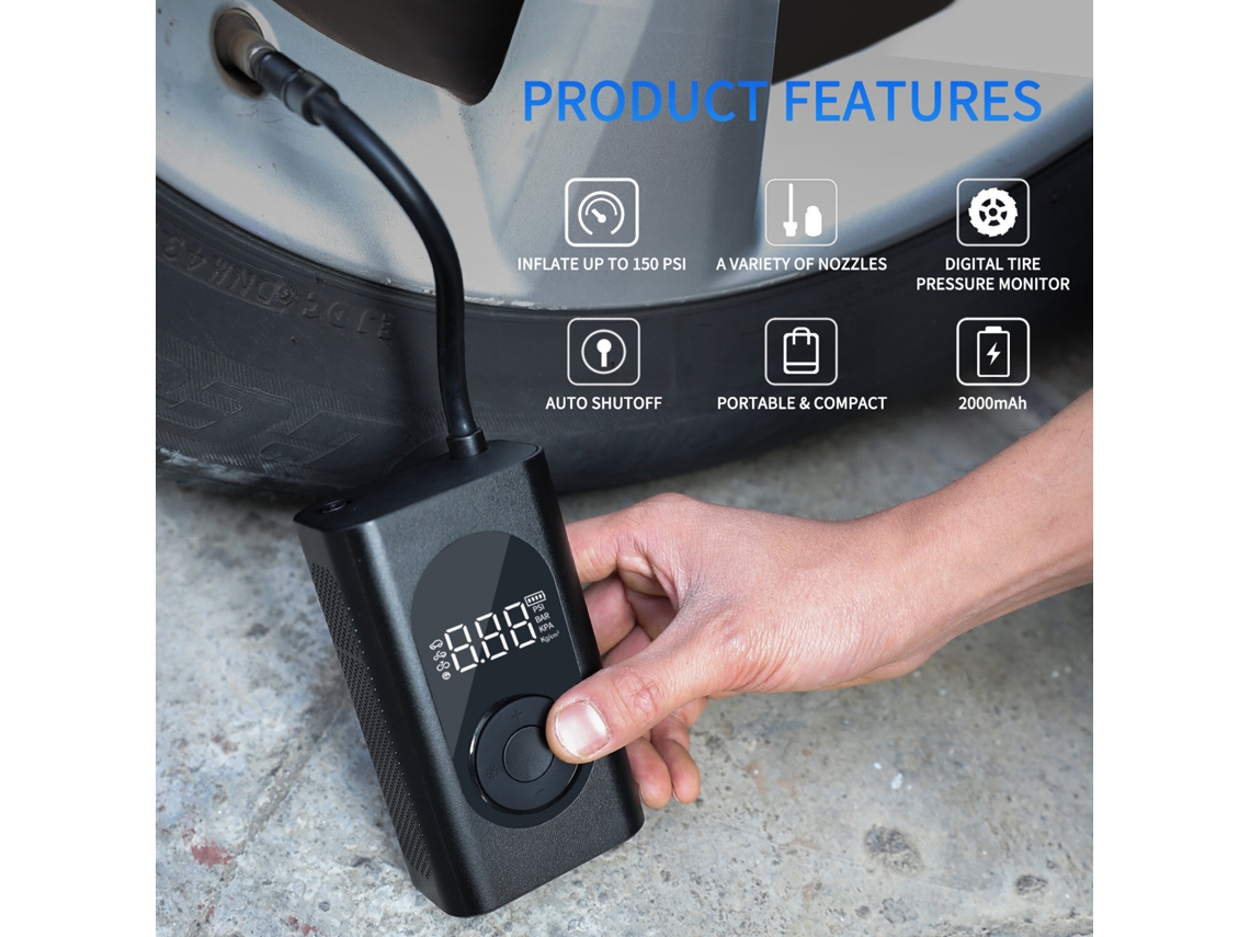 Bomba Insuflável Semi Fios 150psi, 15 Cilindros, 2000mAh*2, Visor LCD Digital para Carros, Bicicletas, Veículos Elétricos e Motocicletas