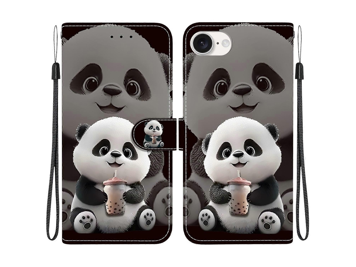 Capa De Couro Tkdaddy Para Iphone 16e Com Suporte, Carteira, Estampa, Capa De Celular Com Alça De Pulso, Milk Tea Panda