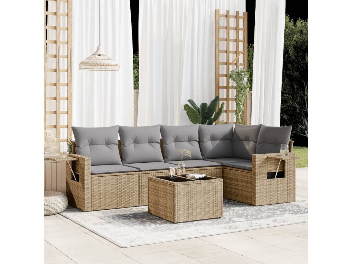 Conjunto de 6 Sofás para Jardim com Almofadas Vime Pe Bege Dkd Home Decor