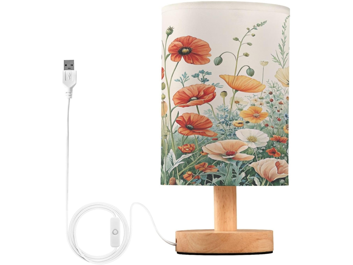 Abajur De Cabeceira Wildflowers Para Quarto, Com Portas De Carregamento Usb C, Luminária De Leitura Led, Base De Madeira