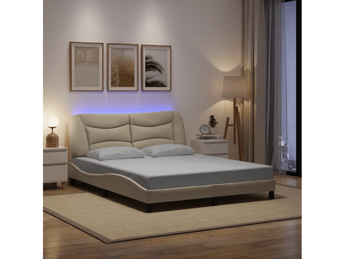 Estrutura De Cama Com Led Sem Colchão 160x200 Cm Tecido Creme