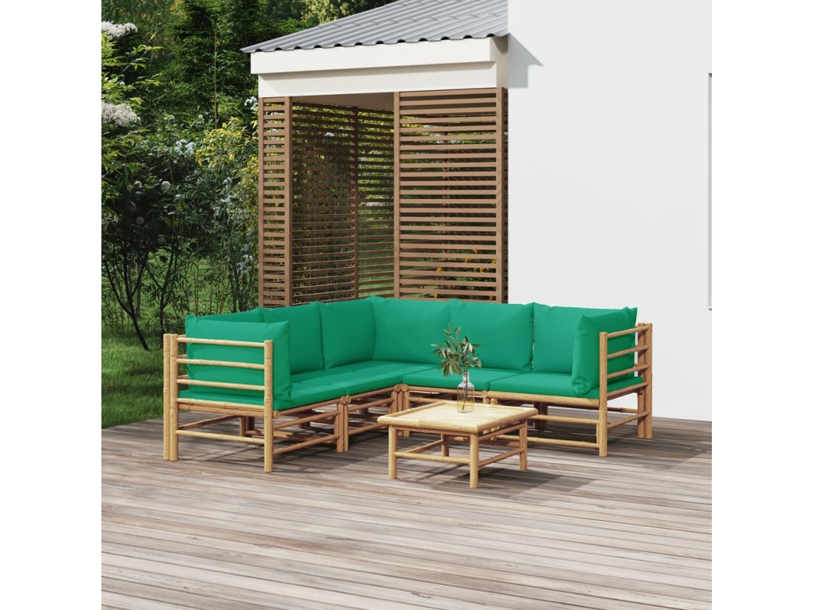 Vidaxl 6 Pcs Conjunto Lounge De Jardim Bambu C/ Almofadões Verdes
