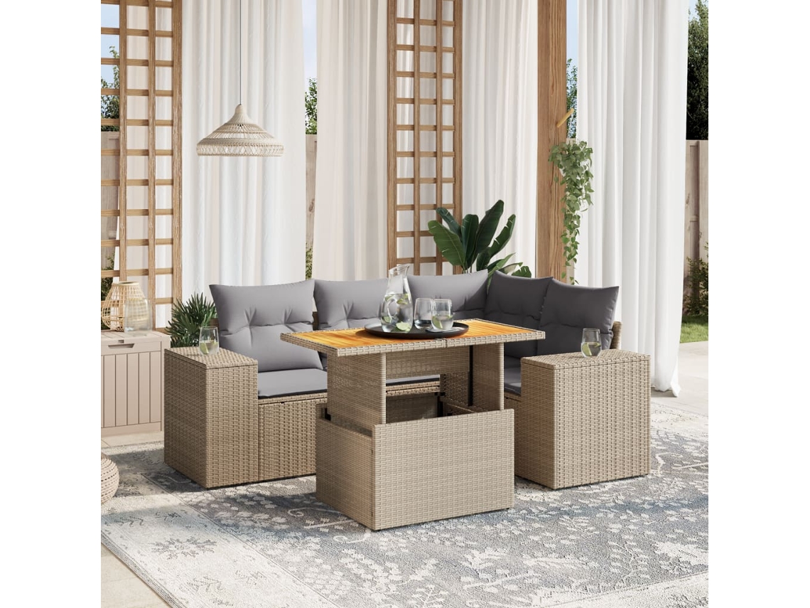 Vidaxl 5 Pcs Conjunto de Sofás P/ Jardim com Almofadões Vime Pe Bege