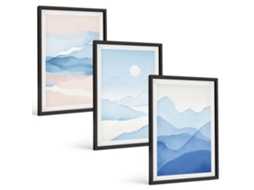 Conjunto De Pinturas Montanhas Em Aquarela Azul E Rosa Moldura Preta Quadros Para A Sala De Estar Espelharte (3 Piezas De 40x60 Cm)