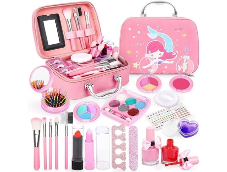 SDLOGAL Brinquedo de maquiagem infantil rosa estojo 20pcs acessórios múltiplos material de segurança