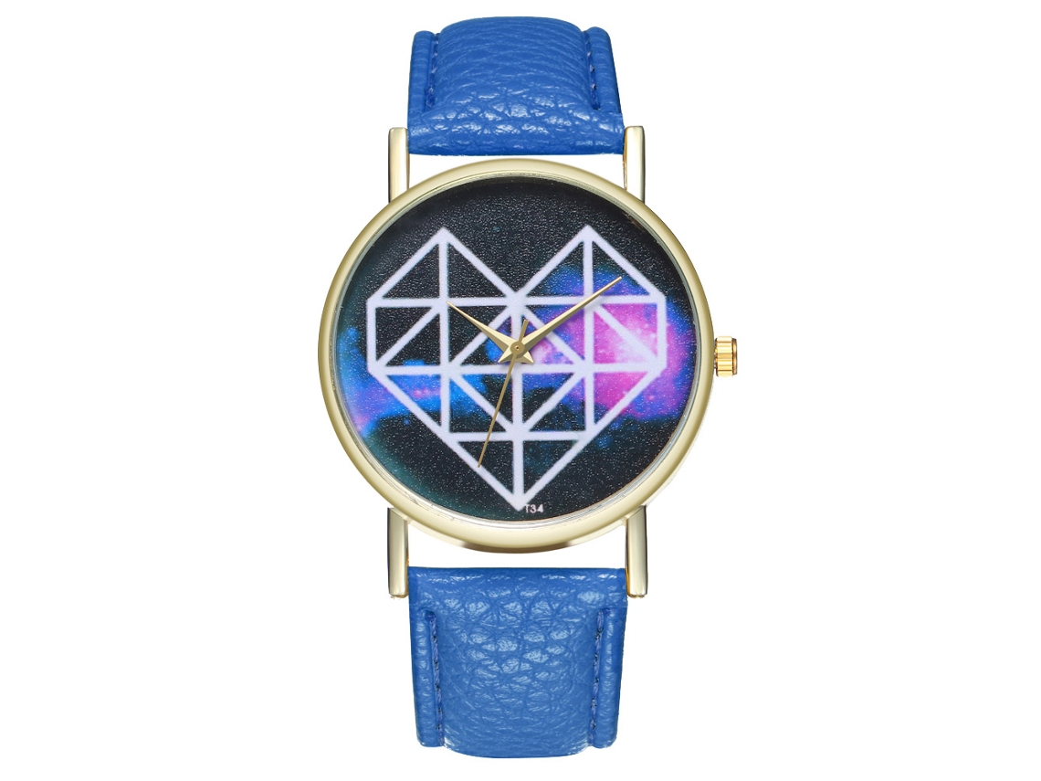 Reloj De Pareja De Cuero Pu Casual Con Dial Corazón Y Líneas Geométricas Azul Real