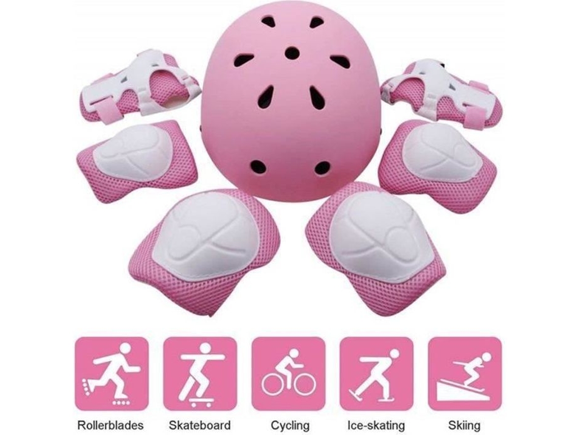 Conjunto Proteção Patins Rodas Infantil Capacete Bicicleta Joelheiras Cotoveleiras Pulso Rosa
