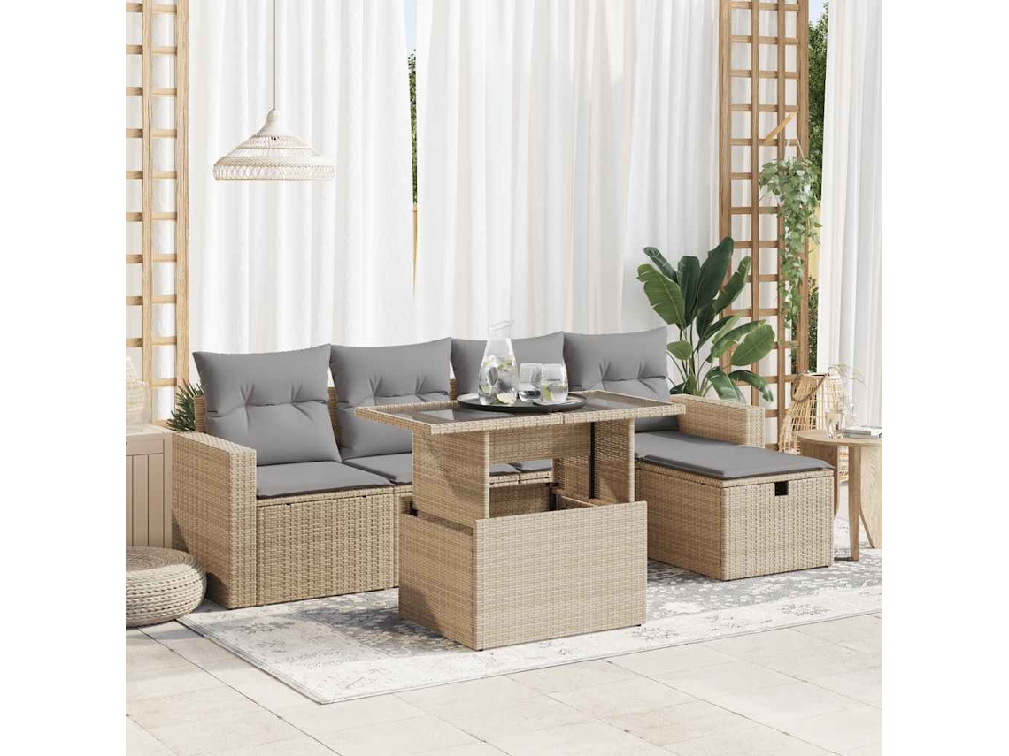 Vidaxl 6 Pcs Conjunto De Sofás P/ Jardim Com Almofadões Vime Pe Bege