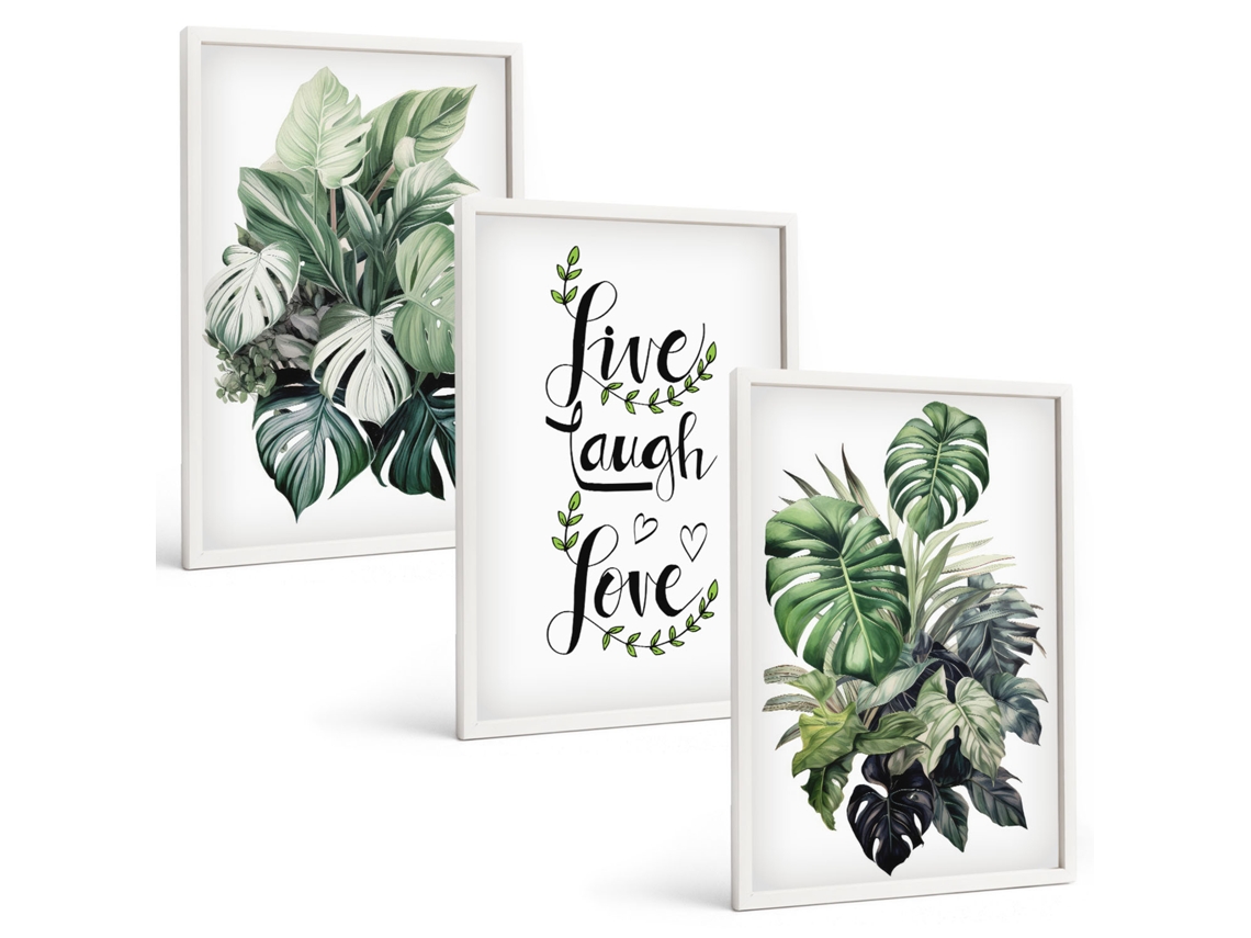 Galeria De Pinturas Murais Plantas Folhosas, Viver, Rir, Amar Moldura Branca Quadros Para O Escritório Espelharte (3 Piezas De 40x60 Cm)
