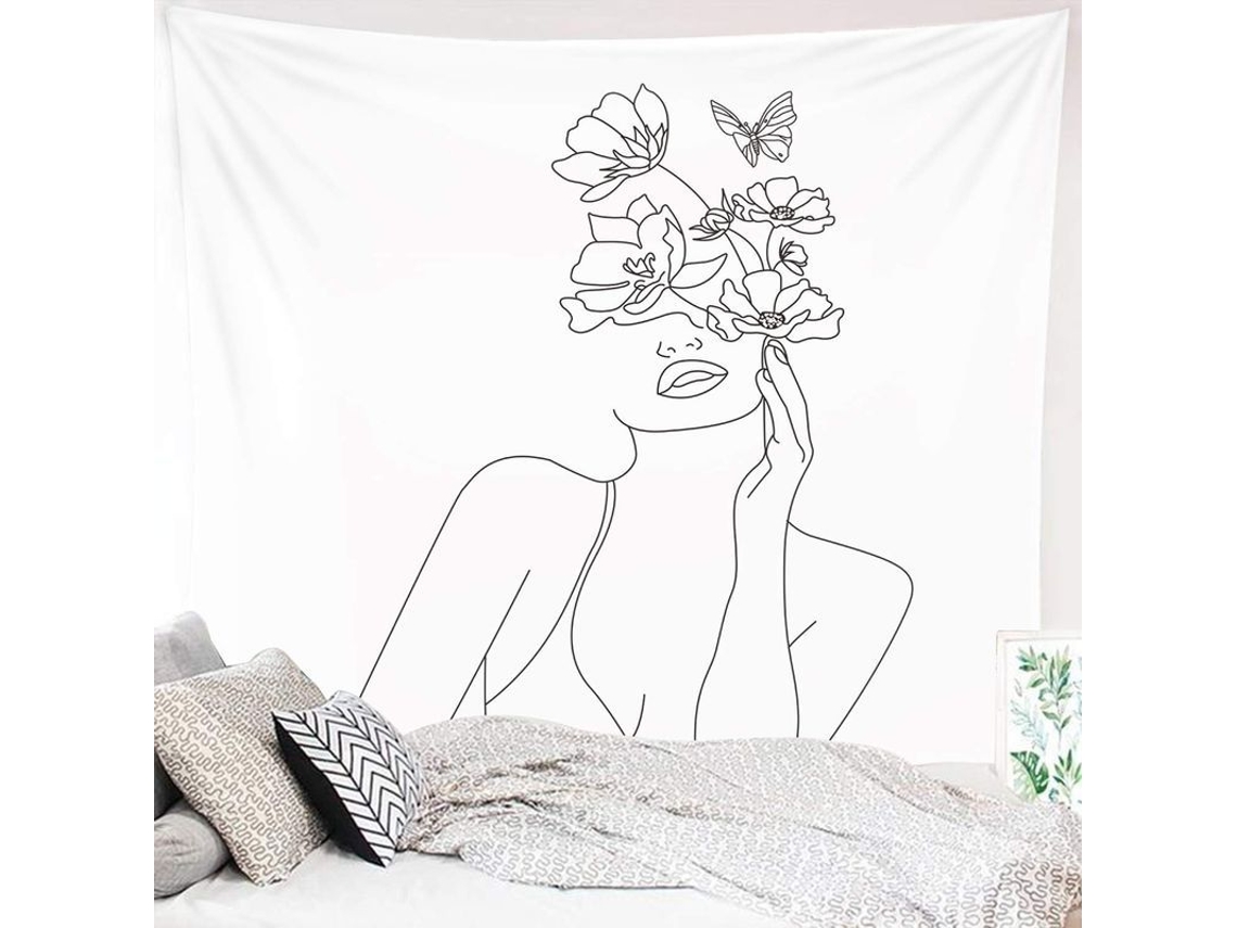 Tecido de Parede Estético Art Line com Mulher Simples Flor e Borboleta