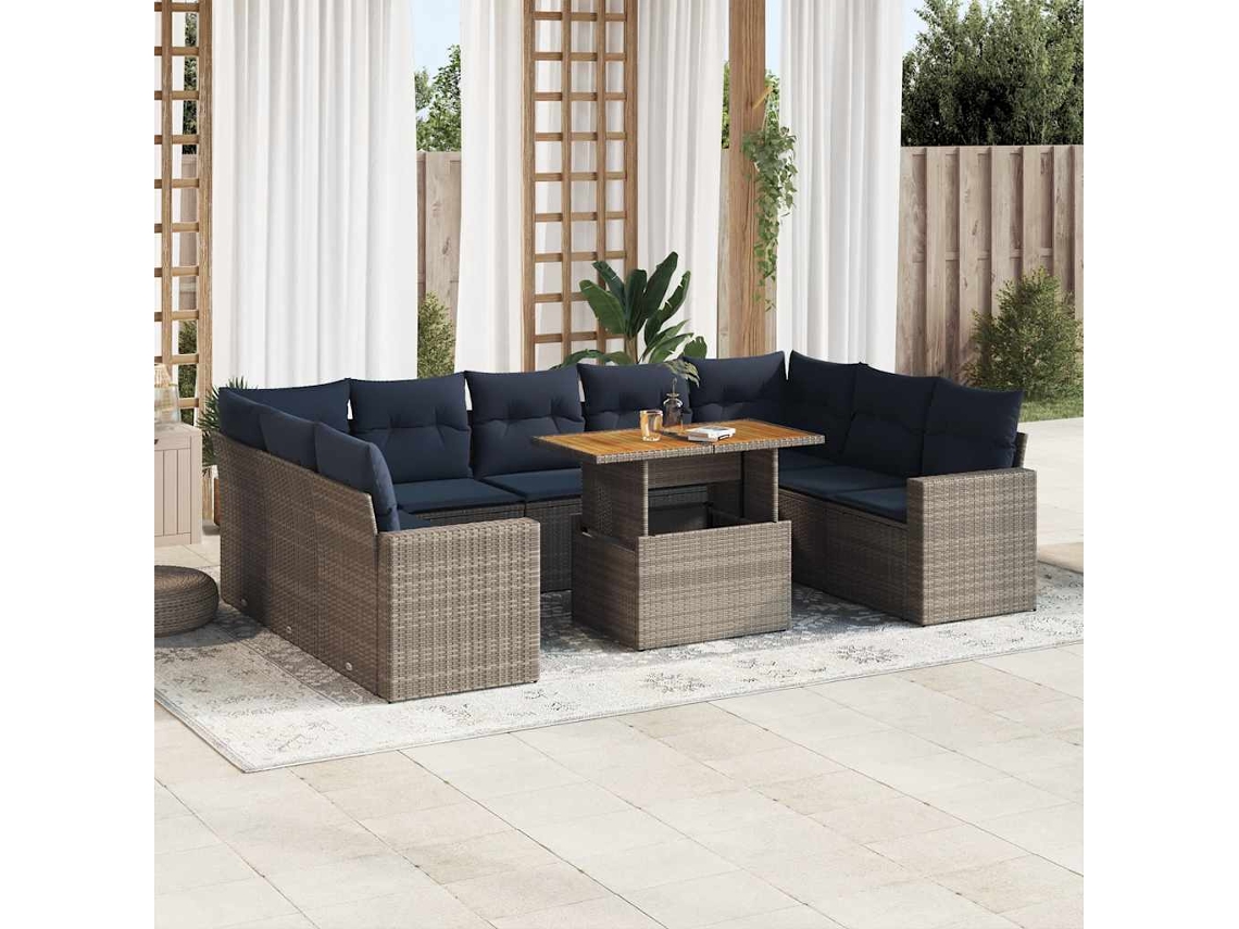 Vidaxl 10 Pcs Conjunto Sofás De Jardim C/ Almofadões Vime Pe Cinzento