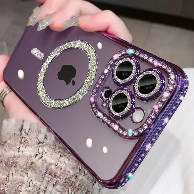(iphone 15 Plus, Roxo Escuro) Capa Transparente Com Cristais Brilhantes Para Iphone, Compatível Com Carregamento Sem Fio Magnético Magsafe.
