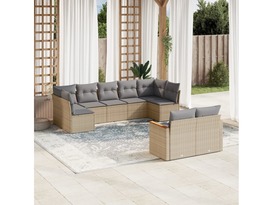 Vidaxl 9 Pcs Conjunto De Sofás P/ Jardim Com Almofadões Vime Pe Bege
