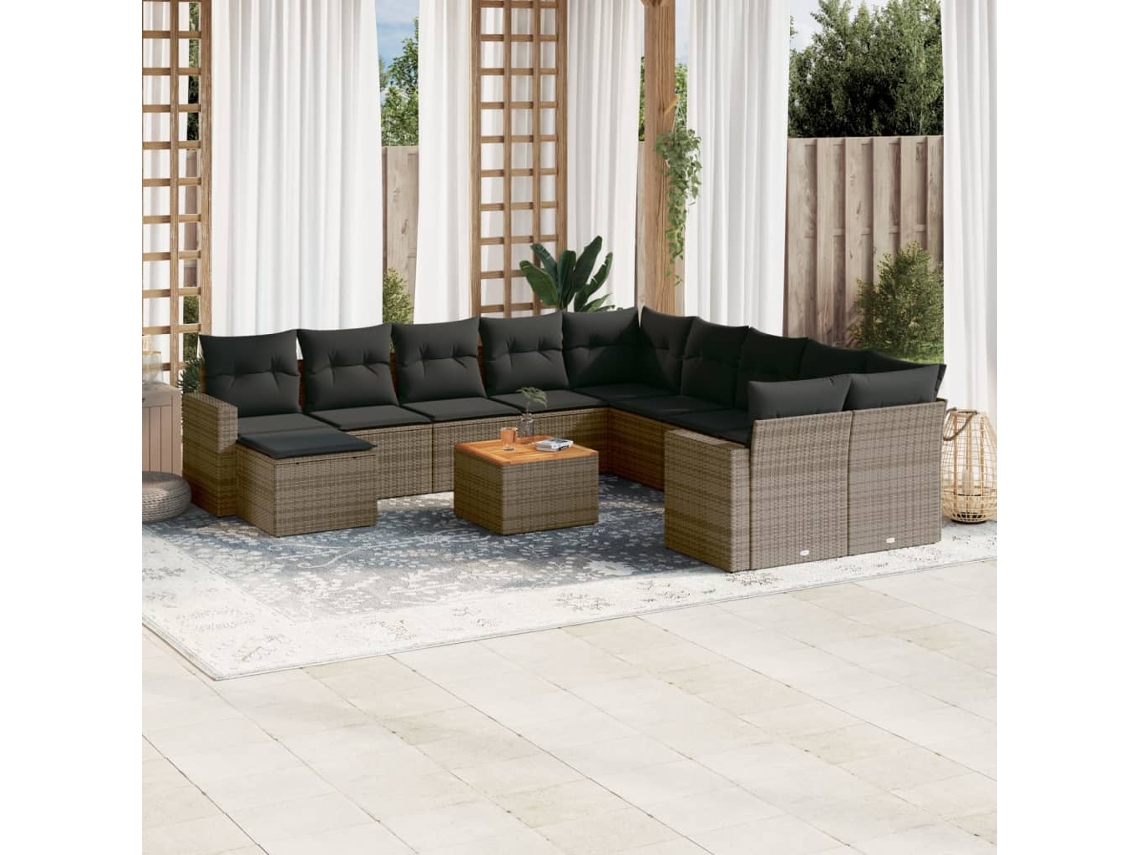 Vidaxl 12 Pcs Conjunto De Sofás Jardim C/ Almofadões Vime Pe Cinzento