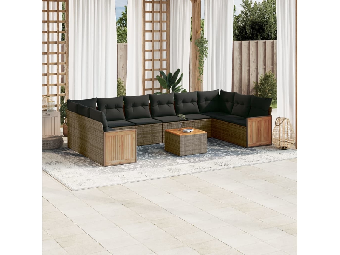 11 Pcs Conjunto Sofás De Jardim C/ Almofadões Vime Pe Cinza Dkd Home Decor