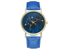 Relógio de pulso de quartzo com mostrador céu estrelado e pulseira de couro para mulheres e homens, azul safira