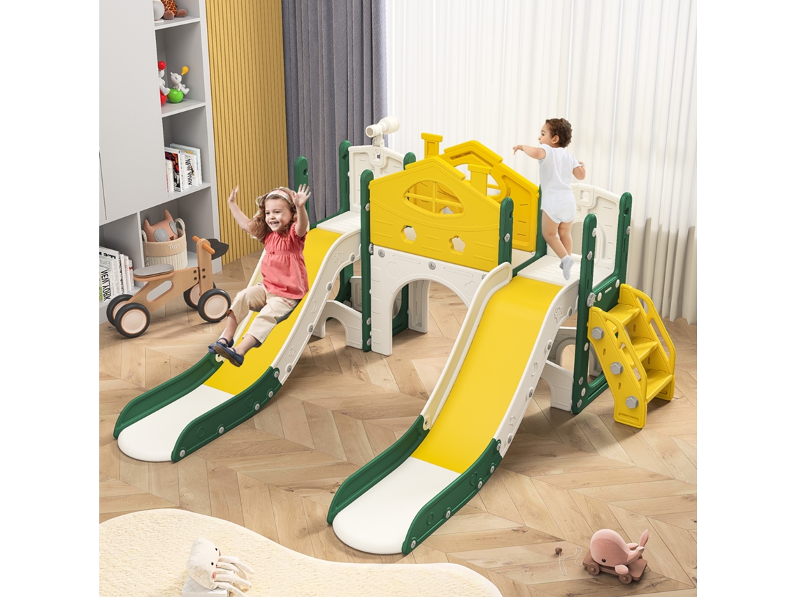 Escorrega Duplo, Escorrega 7 Em 1 Para Crianças Com Telescópio, Estrutura De Brincar Para Duas Crianças, Para Interior E Exterior, Amarelo