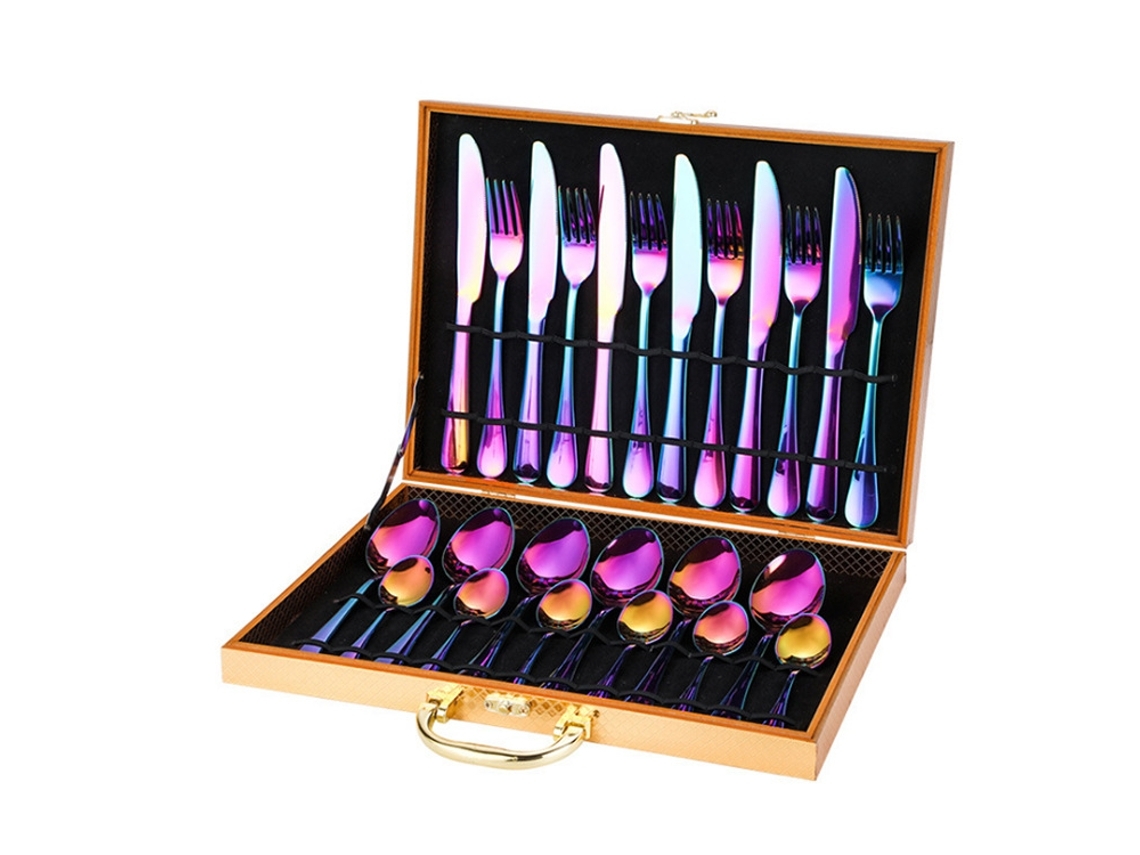 Conjunto De Talheres De Aço Inoxidável Com Caixa De Madeira 24 Und Yunzii