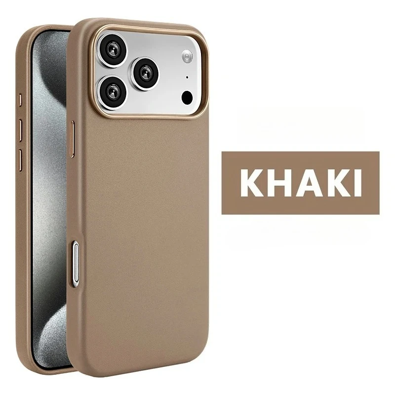 (cáqui, Iphone 15 Pro) Capa De Celular Premium Em Couro Genuíno Com Forte Adsorção Magnética Para Carregamento Sem Fio.