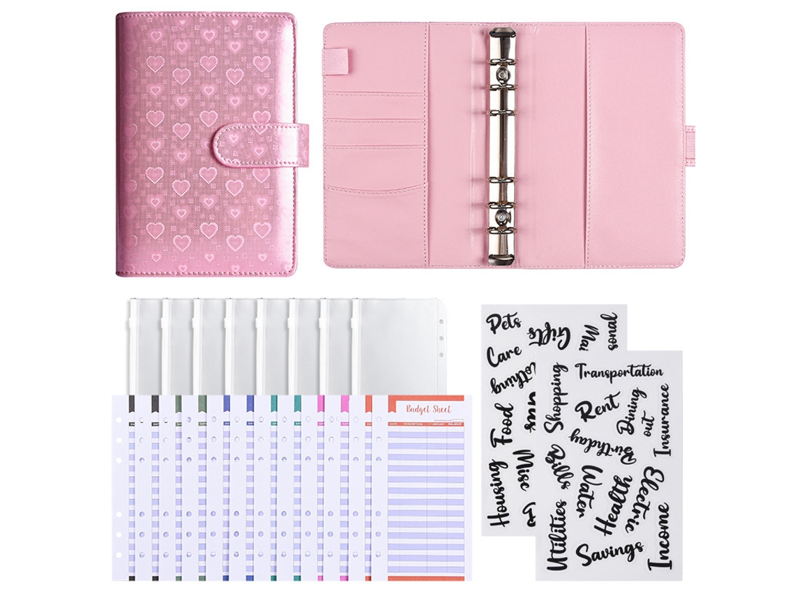 A6 Iridescent Macaron Pu Leather Cash Budget Planner Loose Leaf Notebook Standard Gift Set, Love Pink Includes 12-budget