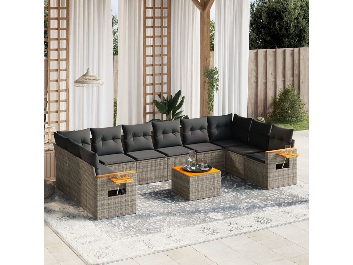 Jogo de Sofá Jardim 11 Peças C/ Almofadões Vime Pe Cinza Dkd Home Decor