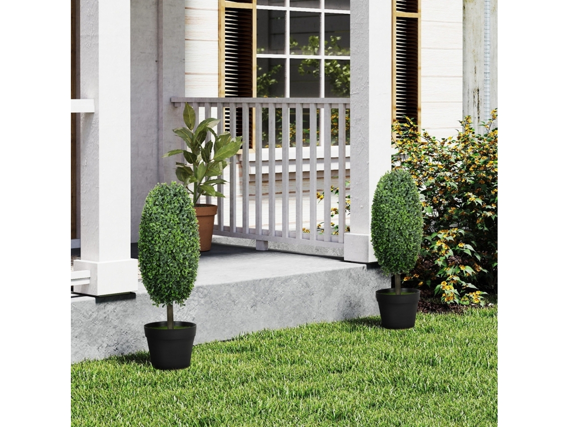 Conjunto De 2 Plantas Artificiais, Árvores Artificiais Resistentes Ao Uv Em Vasos, Plástico, Cimento, Verde-kd