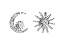 Brincos De Liga Assimétricos Com Strass Sol Lua Prateado
